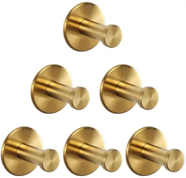 Main image of Bath Towel Hooks, 6 Pack Self Adhesive Coat Hooks, Sturdy No Drilling Robe Hook, SUS 304 Stainless Steel Heavy Duty Clothes Hanger, Wall Hooks for Bathroom Bedroom Kitchen (2 in, Gold)