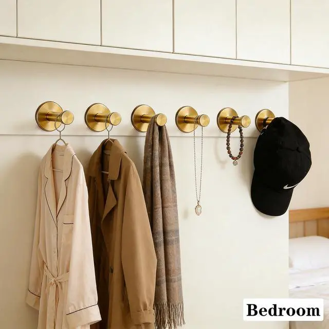 Alt view image 3 of 7 - Bath Towel Hooks, 6 Pack Self Adhesive Coat Hooks, Sturdy No Drilling Robe Hook, SUS 304 Stainless Steel Heavy Duty Clothes Hanger, Wall Hooks for Bathroom Bedroom Kitchen (2 in, Gold)