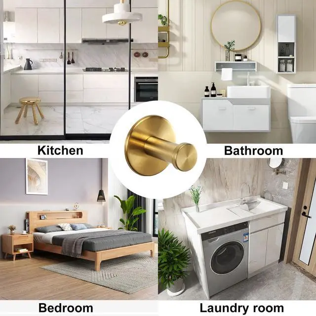 Alt view image 6 of 7 - Bath Towel Hooks, 6 Pack Self Adhesive Coat Hooks, Sturdy No Drilling Robe Hook, SUS 304 Stainless Steel Heavy Duty Clothes Hanger, Wall Hooks for Bathroom Bedroom Kitchen (2 in, Gold)