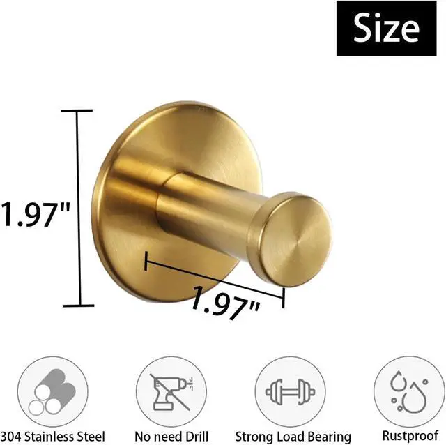 Alt view image 2 of 7 - Bath Towel Hooks, 6 Pack Self Adhesive Coat Hooks, Sturdy No Drilling Robe Hook, SUS 304 Stainless Steel Heavy Duty Clothes Hanger, Wall Hooks for Bathroom Bedroom Kitchen (2 in, Gold)