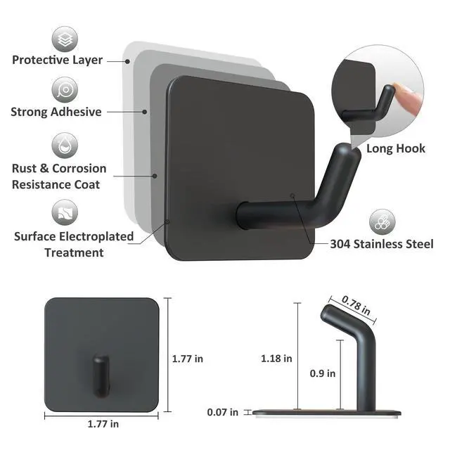 Alt view image 3 of 7 - Adhesive Hooks for Shower Wall, Heavy Duty, Black, 4 Pcs