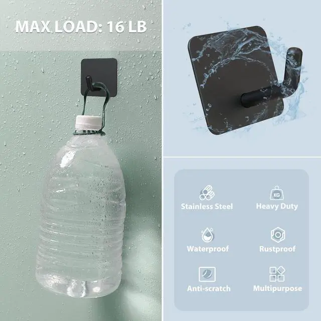 Alt view image 4 of 7 - Adhesive Hooks for Shower Wall, Heavy Duty, Black, 4 Pcs