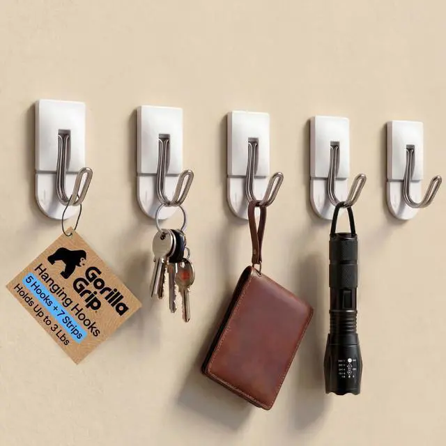 Main image of Adhesive Hooks for Hanging, Heavy Duty Self Adhesive Wall Hooks, Damage-Free Removable Metal Hook, No Tools Required, Wall Hanger for Kitchen Bathroom Towel Coat Keys Purse, 5 Pack
