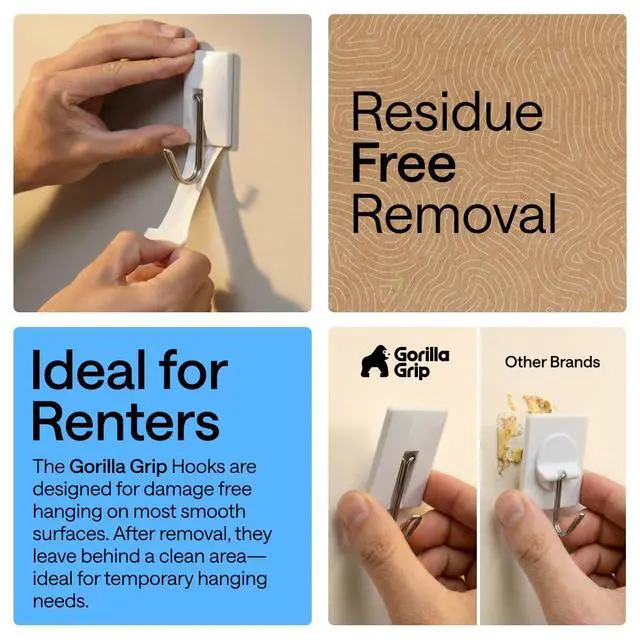 Alt view image 4 of 7 - Adhesive Hooks for Hanging, Heavy Duty Self Adhesive Wall Hooks, Damage-Free Removable Metal Hook, No Tools Required, Wall Hanger for Kitchen Bathroom Towel Coat Keys Purse, 5 Pack