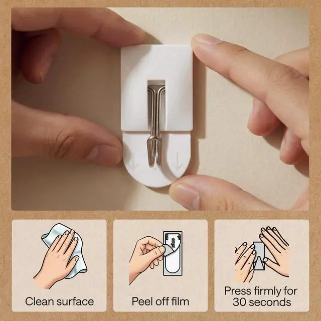 Alt view image 5 of 7 - Adhesive Hooks for Hanging, Heavy Duty Self Adhesive Wall Hooks, Damage-Free Removable Metal Hook, No Tools Required, Wall Hanger for Kitchen Bathroom Towel Coat Keys Purse, 5 Pack