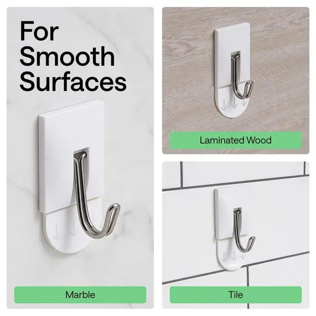 Alt view image 6 of 7 - Adhesive Hooks for Hanging, Heavy Duty Self Adhesive Wall Hooks, Damage-Free Removable Metal Hook, No Tools Required, Wall Hanger for Kitchen Bathroom Towel Coat Keys Purse, 5 Pack