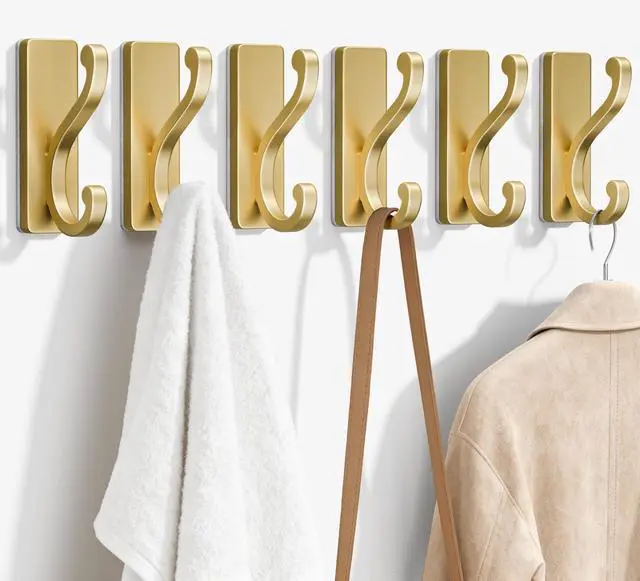 Main image of Pack Self Adhesive Coat Hooks - Gold Wall Hooks Wall Mount for Clothes, Towel, Robes, Keys, Purse, Backpack, Heavy Duty Hooks for Door Kitchen Bathroom Shower Rental Houses, Hold 13lbs.
