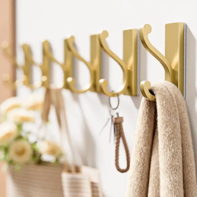 Alt view image 2 of 7 - Pack Self Adhesive Coat Hooks - Gold Wall Hooks Wall Mount for Clothes, Towel, Robes, Keys, Purse, Backpack, Heavy Duty Hooks for Door Kitchen Bathroom Shower Rental Houses, Hold 13lbs.
