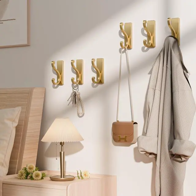 Alt view image 6 of 7 - Pack Self Adhesive Coat Hooks - Gold Wall Hooks Wall Mount for Clothes, Towel, Robes, Keys, Purse, Backpack, Heavy Duty Hooks for Door Kitchen Bathroom Shower Rental Houses, Hold 13lbs.