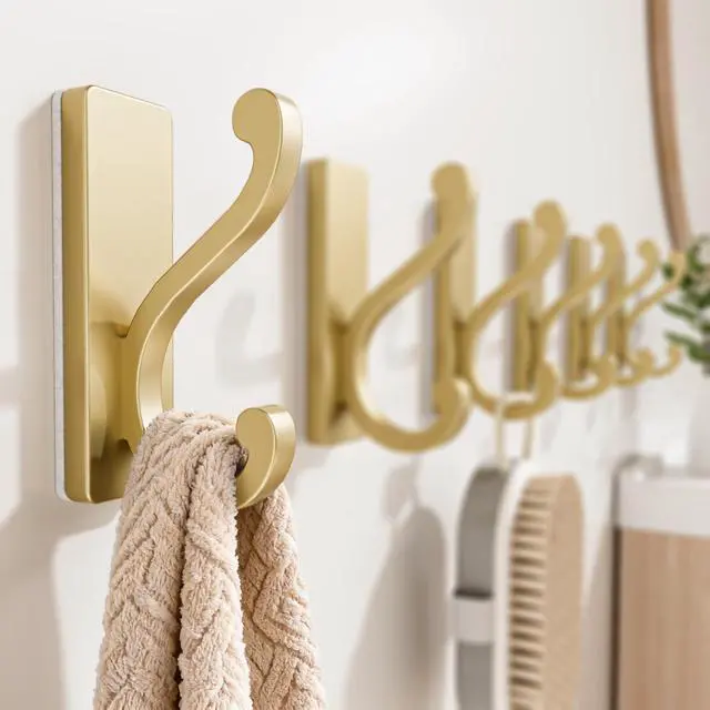 Alt view image 7 of 7 - Pack Self Adhesive Coat Hooks - Gold Wall Hooks Wall Mount for Clothes, Towel, Robes, Keys, Purse, Backpack, Heavy Duty Hooks for Door Kitchen Bathroom Shower Rental Houses, Hold 13lbs.