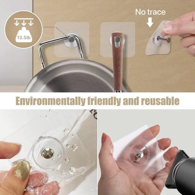 Alt view image 4 of 6 - Reusable Adhesive Wall Hooks 13.5lbs(Max) Transparent , Waterproof and Oilproof For Bathroom Kitchen Heavy Duty 10 Pack