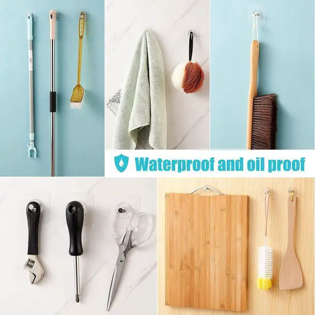 Alt view image 5 of 6 - Reusable Adhesive Wall Hooks 13.5lbs(Max) Transparent , Waterproof and Oilproof For Bathroom Kitchen Heavy Duty 10 Pack
