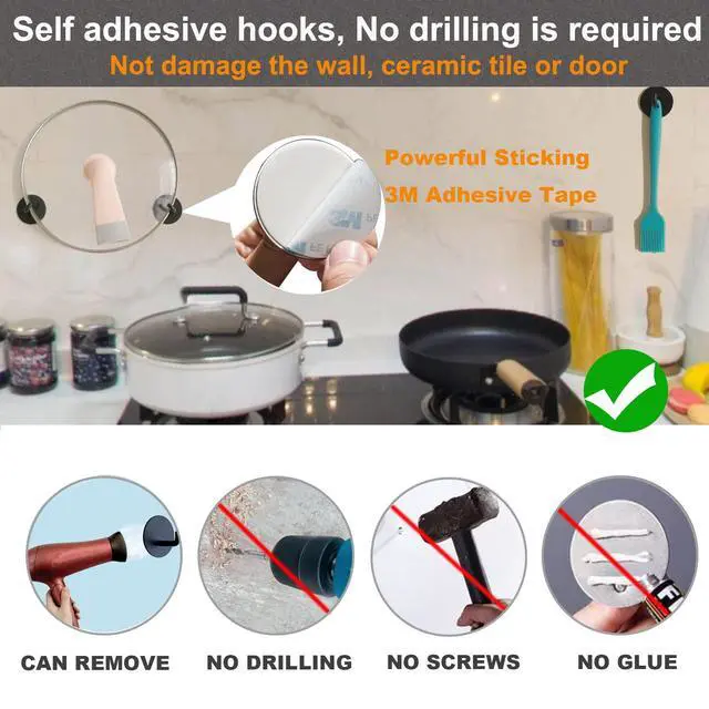 Alt view image 3 of 7 - Pack Adhesive Wall Hooks for Bathroom Kitchen Towels Coats, Black