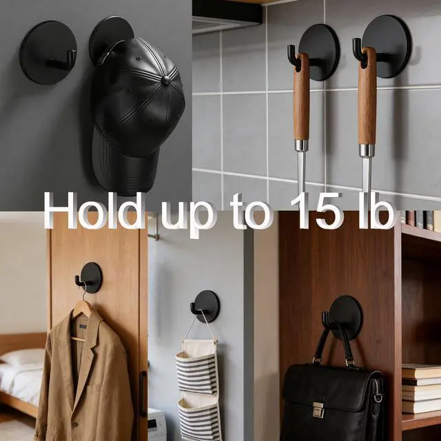 Alt view image 2 of 7 - Pack Adhesive Wall Hooks for Bathroom Kitchen Towels Coats, Black
