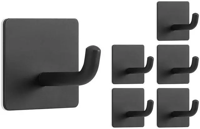 Main image of Adhesive Towel Hooks, 304 Stainless Steel Self Sticky Wall Hooks Waterproof Shower Hooks for Robe/Clothes, No Drilling Towel Hangers for Bathroom Kitchen Bedroom (Black, 6 Packs)