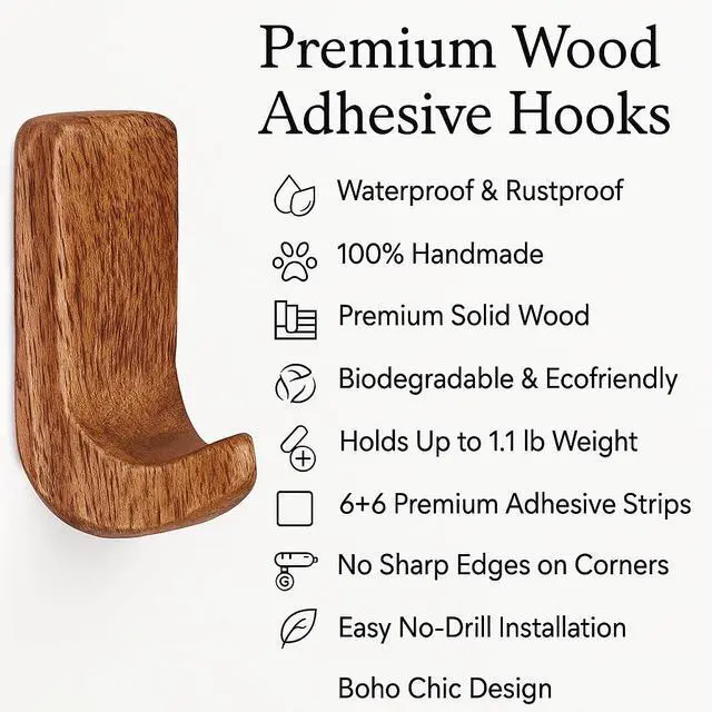 Alt view image 4 of 7 - Decorative Wood Adhesive Wall Hooks - No Damage Boho Hooks for Keys, Jewelry, Leashes and Lightweight Accessories - 6 Hangers with 12 Strips