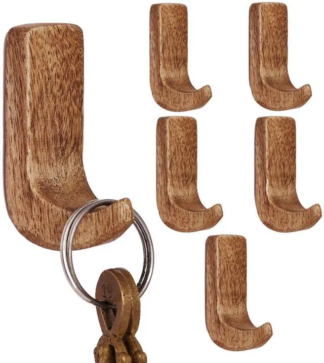 Main image of Decorative Wood Adhesive Wall Hooks - No Damage Boho Hooks for Keys, Jewelry, Leashes and Lightweight Accessories - 6 Hangers with 12 Strips