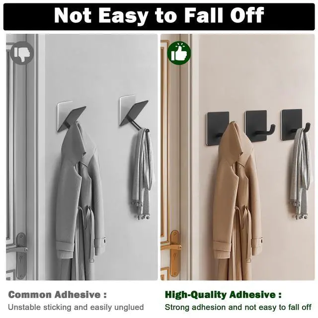 Alt view image 4 of 7 - Adhesive Towel Hooks, 304 Stainless Steel Self Sticky Wall Hooks Waterproof Shower Hooks for Robe/Clothes, No Drilling Towel Hangers for Bathroom Kitchen Bedroom (Black, 6 Packs)