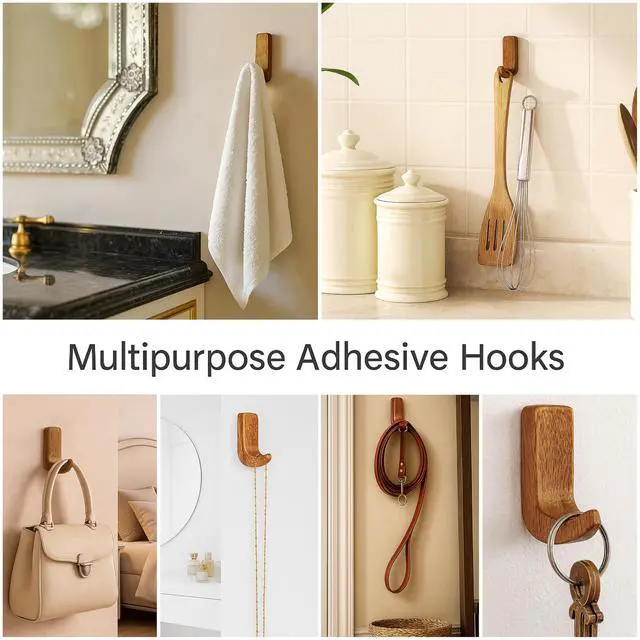 Alt view image 2 of 7 - Decorative Wood Adhesive Wall Hooks - No Damage Boho Hooks for Keys, Jewelry, Leashes and Lightweight Accessories - 6 Hangers with 12 Strips