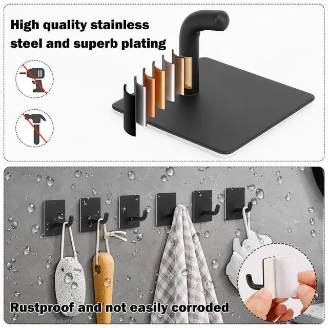 Alt view image 3 of 7 - Adhesive Towel Hooks, 304 Stainless Steel Self Sticky Wall Hooks Waterproof Shower Hooks for Robe/Clothes, No Drilling Towel Hangers for Bathroom Kitchen Bedroom (Black, 6 Packs)