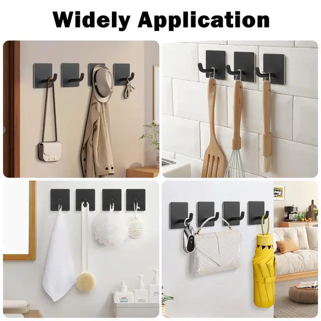 Alt view image 6 of 7 - Adhesive Towel Hooks, 304 Stainless Steel Self Sticky Wall Hooks Waterproof Shower Hooks for Robe/Clothes, No Drilling Towel Hangers for Bathroom Kitchen Bedroom (Black, 6 Packs)