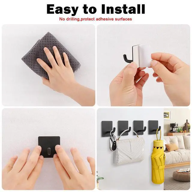 Alt view image 5 of 7 - Adhesive Towel Hooks, 304 Stainless Steel Self Sticky Wall Hooks Waterproof Shower Hooks for Robe/Clothes, No Drilling Towel Hangers for Bathroom Kitchen Bedroom (Black, 6 Packs)