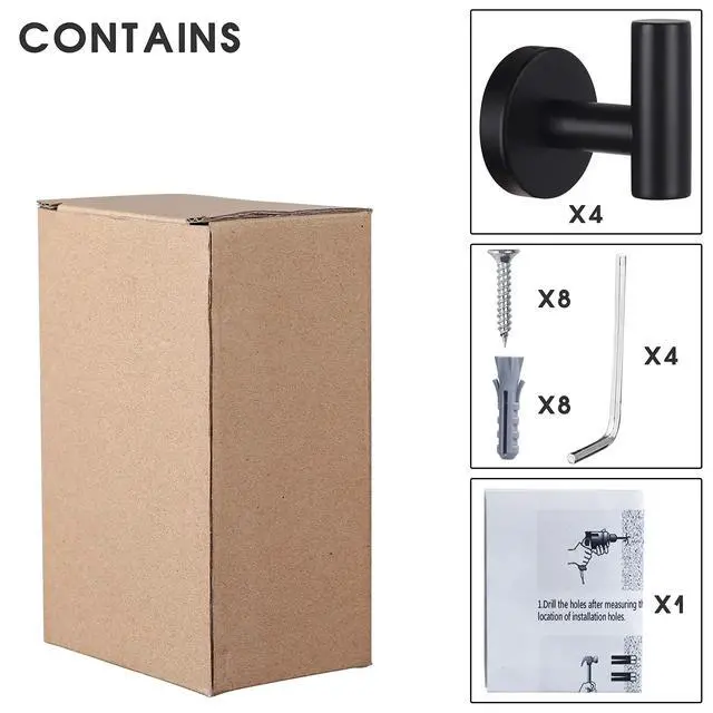 Alt view image 4 of 6 - Towel Hooks Bathroom Coat Robe Wall Hook Heavy Duty Door Hanger Towel Robe Clothes Cabinet Closet Sponges Rack for Bathroom Bedroom Kitchen Hotel Pool 4 Packs Black(Drilling Installation)