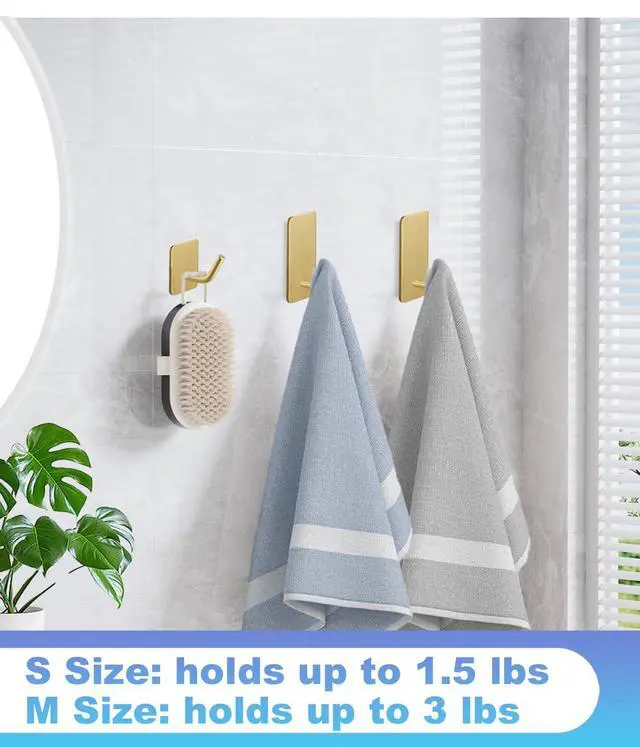 Alt view image 4 of 6 - 14 Pcs Towel Hooks with Removable Strips for Hanging, Adhesive Wall Hooks Heavy Duty, Outdoor No Damage, Sticky Hook for Bathrooms, Shower, Stockings, Decor, Robe, Small, Gold 304 Stainless Steel