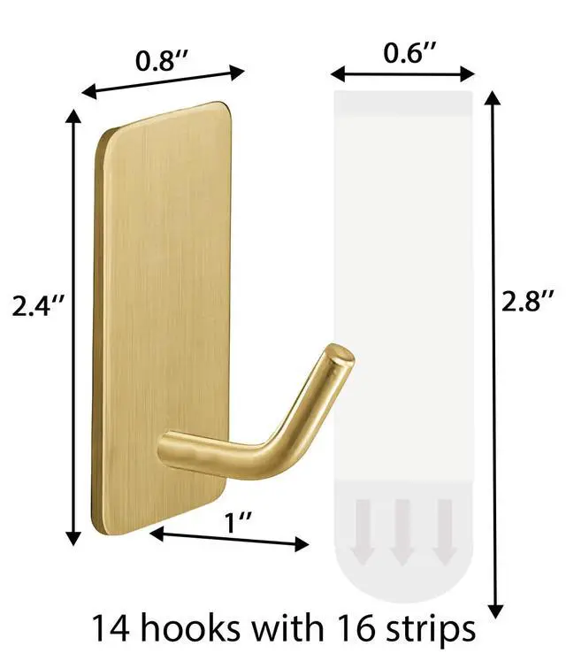 Alt view image 5 of 6 - 14 Pcs Towel Hooks with Removable Strips for Hanging, Adhesive Wall Hooks Heavy Duty, Outdoor No Damage, Sticky Hook for Bathrooms, Shower, Stockings, Decor, Robe, Small, Gold 304 Stainless Steel