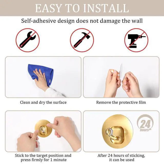 Alt view image 4 of 7 - Adhesive Hooks for Hanging 10 Pack, Heavy Duty Wall Hooks 11 lbs, Self Adhesive Waterproof Sticky Robe Towel Hooks for Home, Bathroom, Kitchen, Outdoor