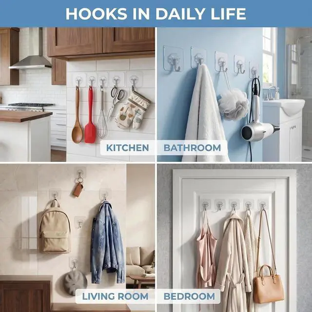 Alt view image 2 of 6 - Wall Hooks - 33 lbs Max, Transparent, Seamless, Waterproof & Oilproof, Heavy Duty Adhesive Coat & Towel Hooks (10 Pack)