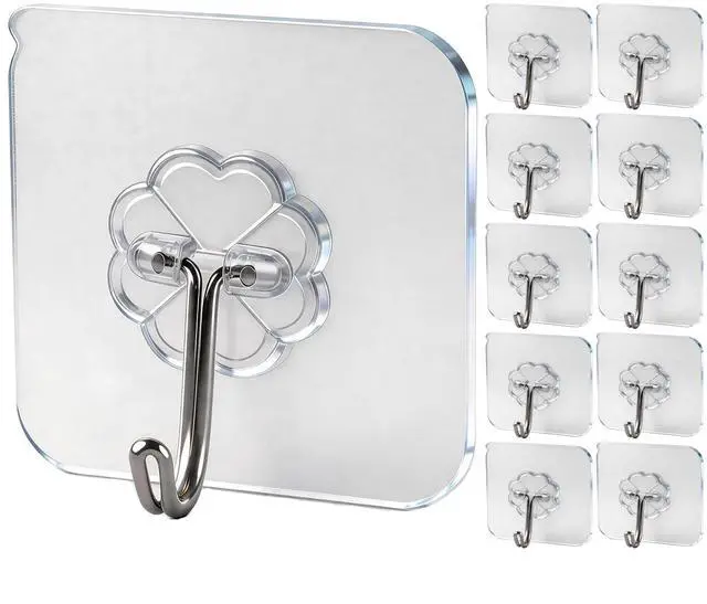 Main image of Wall Hooks - 33 lbs Max, Transparent, Seamless, Waterproof & Oilproof, Heavy Duty Adhesive Coat & Towel Hooks (10 Pack)