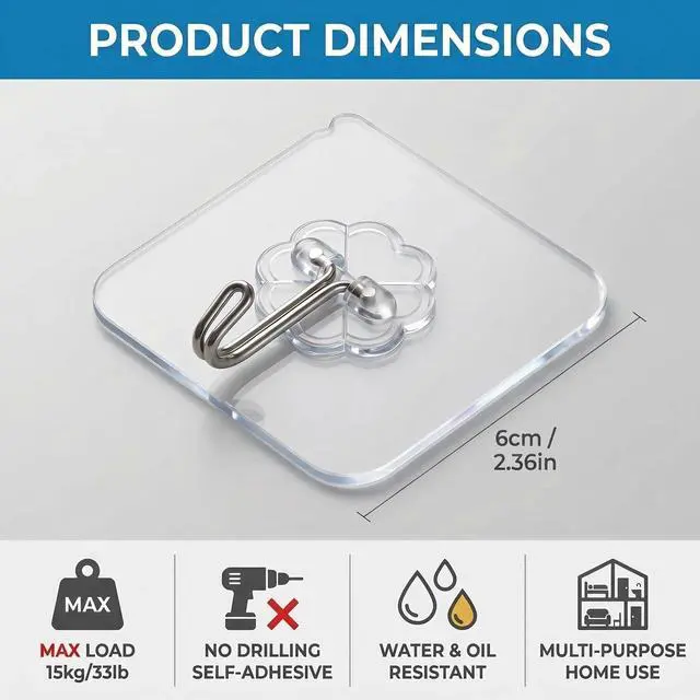 Alt view image 3 of 6 - Wall Hooks - 33 lbs Max, Transparent, Seamless, Waterproof & Oilproof, Heavy Duty Adhesive Coat & Towel Hooks (10 Pack)