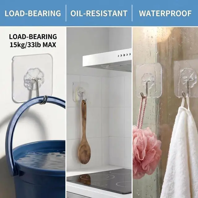 Alt view image 4 of 6 - Wall Hooks - 33 lbs Max, Transparent, Seamless, Waterproof & Oilproof, Heavy Duty Adhesive Coat & Towel Hooks (10 Pack)