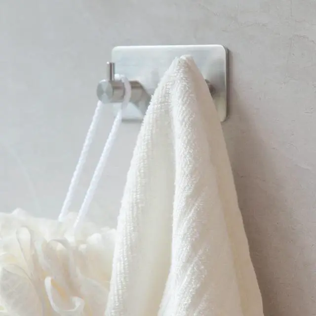 Alt view image 3 of 7 - Adhesive Towel Hooks for Bathrooms Shower no Drill Heavy Duty Wall Hooks self Adhesive Towel Rack Stick On Wall Coats Hooks Brushed Nickel Adhesive Hanger for Kitchen,Door,Key,2 Hooks Silver