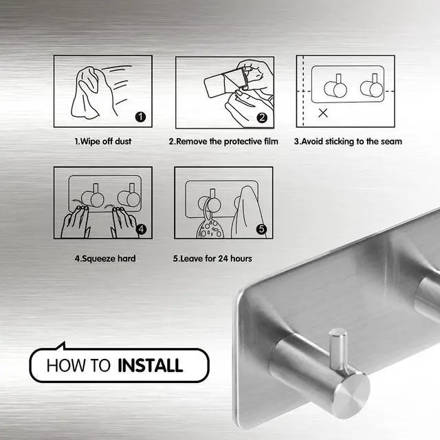 Alt view image 7 of 7 - Adhesive Towel Hooks for Bathrooms Shower no Drill Heavy Duty Wall Hooks self Adhesive Towel Rack Stick On Wall Coats Hooks Brushed Nickel Adhesive Hanger for Kitchen,Door,Key,2 Hooks Silver