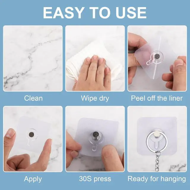 Alt view image 5 of 7 - 30 Pcs Self Adhesive Wall Hooks No Drill Hooks for Hanging, No-Trace Sticker Frame Hangers Without Nails for Mount Wall Shelf, Bathroom, Heavy Duty Adhesive Wall Hooks for Kitchen (30, m)