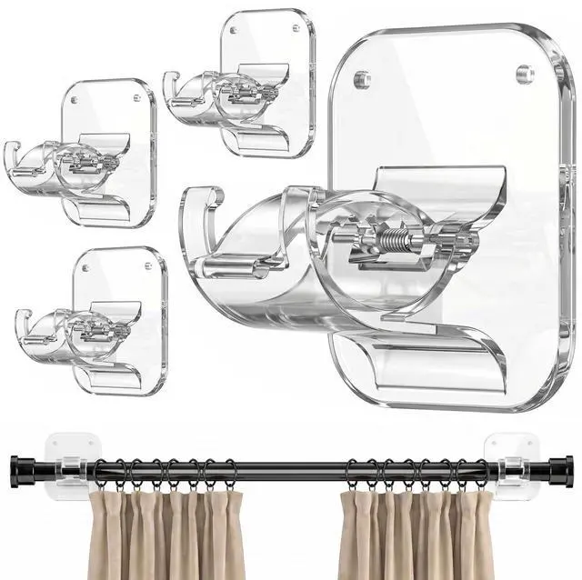 Main image of No Drill Curtain Rod Brackets - 20LB, 4 Pack Self Adhesive Curtain Rod Holder, Peel and Stick Wall Hooks, Renter Friendly Upgrades for Apartment, Kitchen, Bathroom, Dorm, Living Room and RV