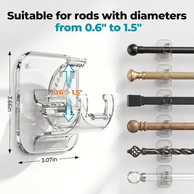 Alt view image 2 of 7 - No Drill Curtain Rod Brackets - 20LB, 4 Pack Self Adhesive Curtain Rod Holder, Peel and Stick Wall Hooks, Renter Friendly Upgrades for Apartment, Kitchen, Bathroom, Dorm, Living Room and RV