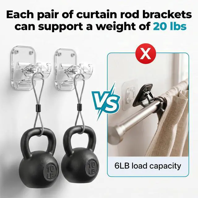 Alt view image 3 of 7 - No Drill Curtain Rod Brackets - 20LB, 4 Pack Self Adhesive Curtain Rod Holder, Peel and Stick Wall Hooks, Renter Friendly Upgrades for Apartment, Kitchen, Bathroom, Dorm, Living Room and RV