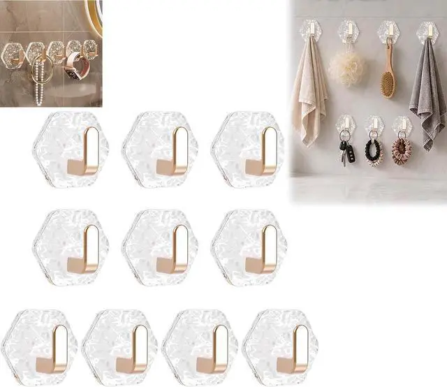 Main image of 10pcs Modern Hexagon Shape Adhesive Hook Clear Surfaces Without Damage Easy Installation, Wall Hook Glacier Ripple Design Heavy Duty Waterproof Adhesive for Towels, Keys & Home Decor Organizer