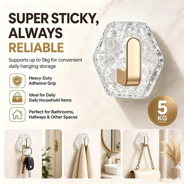 Alt view image 2 of 6 - 10pcs Modern Hexagon Shape Adhesive Hook Clear Surfaces Without Damage Easy Installation, Wall Hook Glacier Ripple Design Heavy Duty Waterproof Adhesive for Towels, Keys & Home Decor Organizer