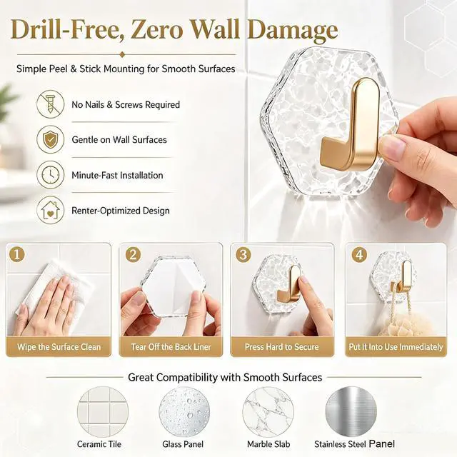 Alt view image 3 of 6 - 10pcs Modern Hexagon Shape Adhesive Hook Clear Surfaces Without Damage Easy Installation, Wall Hook Glacier Ripple Design Heavy Duty Waterproof Adhesive for Towels, Keys & Home Decor Organizer