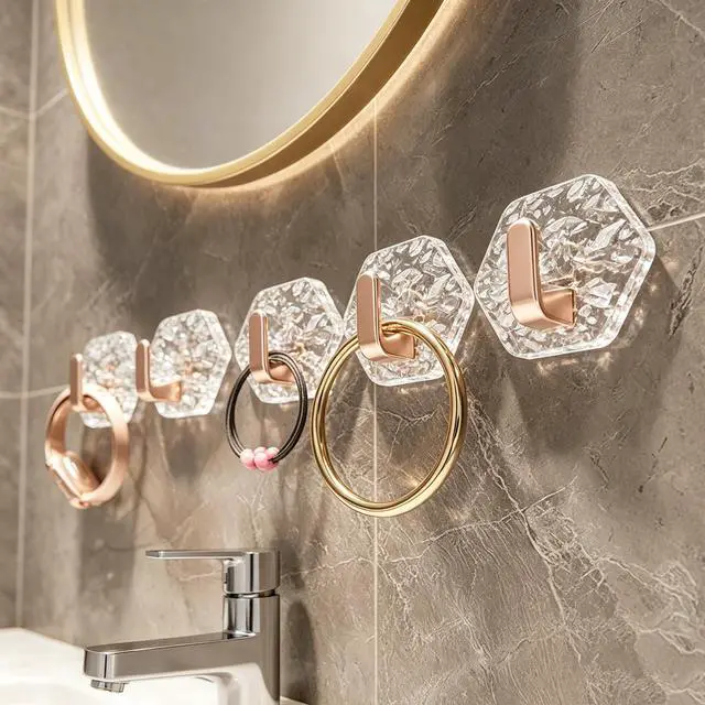 Alt view image 4 of 6 - 10pcs Modern Hexagon Shape Adhesive Hook Clear Surfaces Without Damage Easy Installation, Wall Hook Glacier Ripple Design Heavy Duty Waterproof Adhesive for Towels, Keys & Home Decor Organizer