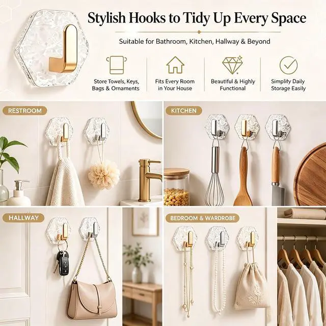 Alt view image 5 of 6 - 10pcs Modern Hexagon Shape Adhesive Hook Clear Surfaces Without Damage Easy Installation, Wall Hook Glacier Ripple Design Heavy Duty Waterproof Adhesive for Towels, Keys & Home Decor Organizer
