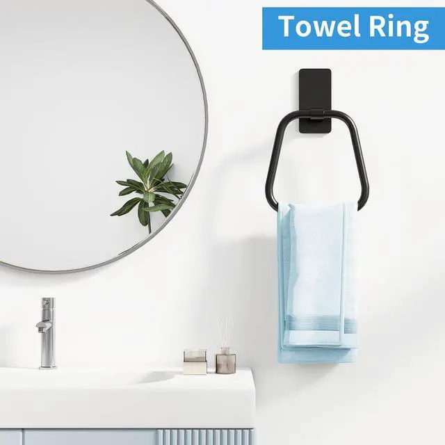 Alt view image 2 of 7 - Adhesive Hand Towel Holder for Bathroom, Aluminum No Drill Wall Mounted Towel Ring, Easy Install for Bathroom & Kitchen (Matte Black)