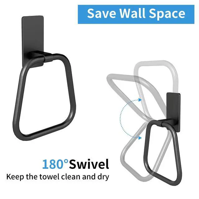 Alt view image 3 of 7 - Adhesive Hand Towel Holder for Bathroom, Aluminum No Drill Wall Mounted Towel Ring, Easy Install for Bathroom & Kitchen (Matte Black)