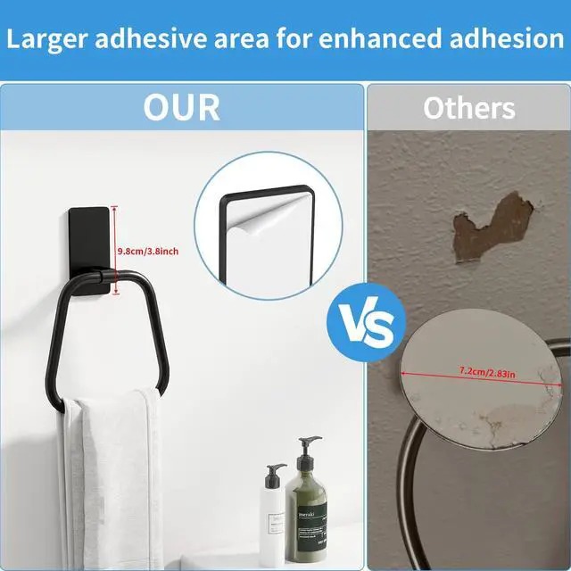 Alt view image 4 of 7 - Adhesive Hand Towel Holder for Bathroom, Aluminum No Drill Wall Mounted Towel Ring, Easy Install for Bathroom & Kitchen (Matte Black)