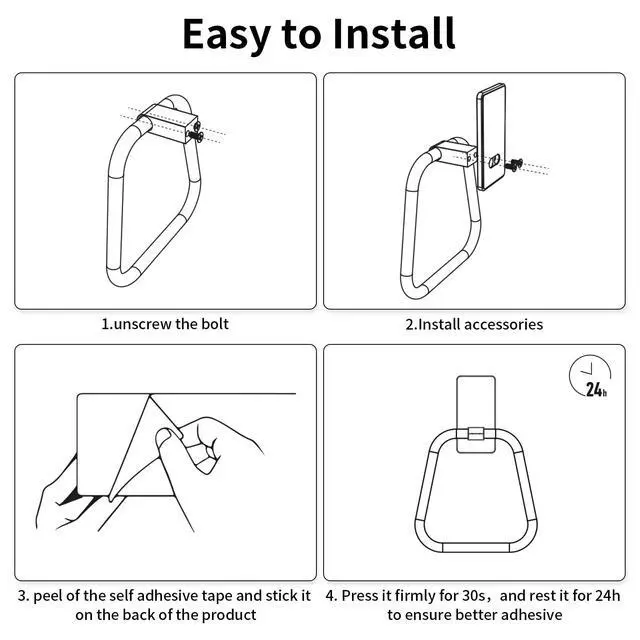 Alt view image 6 of 7 - Adhesive Hand Towel Holder for Bathroom, Aluminum No Drill Wall Mounted Towel Ring, Easy Install for Bathroom & Kitchen (Matte Black)