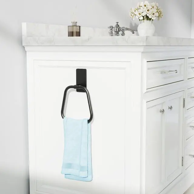 Alt view image 7 of 7 - Adhesive Hand Towel Holder for Bathroom, Aluminum No Drill Wall Mounted Towel Ring, Easy Install for Bathroom & Kitchen (Matte Black)